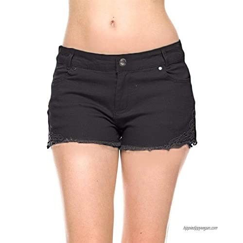 Ambiance Apparel Crochet Lace Trimmed Detail Stretchy Twill Cotton Short