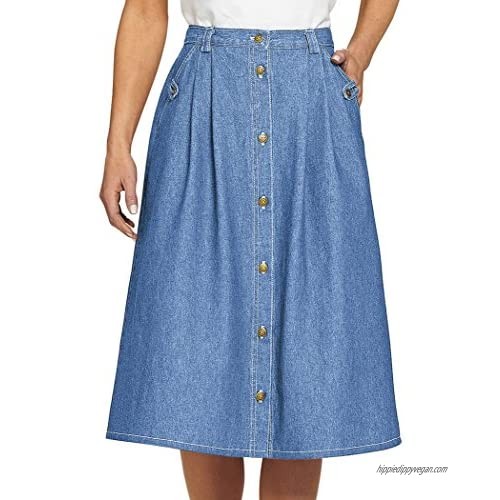 AmeriMark Women's Denim Button-Front Skirt – Cotton Midi Skirt w/Elastic Waist Light Denim 10 Petite