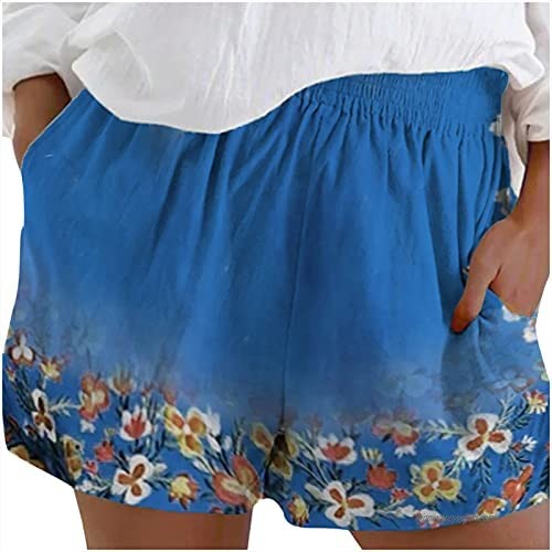 Anu Linen Printing Independence Day Shorts for Women Elastic Waist Front Pockets Summer Causal Mid Short Shorts