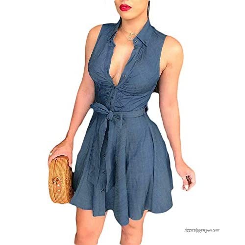 Fepege Women's Summer Sleeveless V-Neck Denim Dress Self Tie Waist Short Mini Dresses