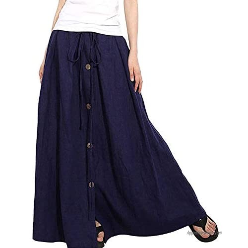 NREALY New Women's A-Line Elastic Waist Casual Button Flare Full Length Long Maxi Skirt