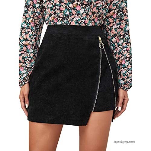 SheIn Women's Asymmetrical Hem O Ring Zipper High Waist Corduroy Short Mini Skirt