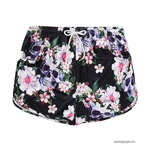 Summer Beach Shorts Floral Board Short Elastic Waistband Sports Running Shorts Self Tie Waist w/Pockets