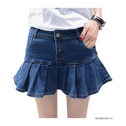 Wincolor Women's A-line Pleated Ruffled Mini Denim Skirt Butt Lift Short Jean Skirts