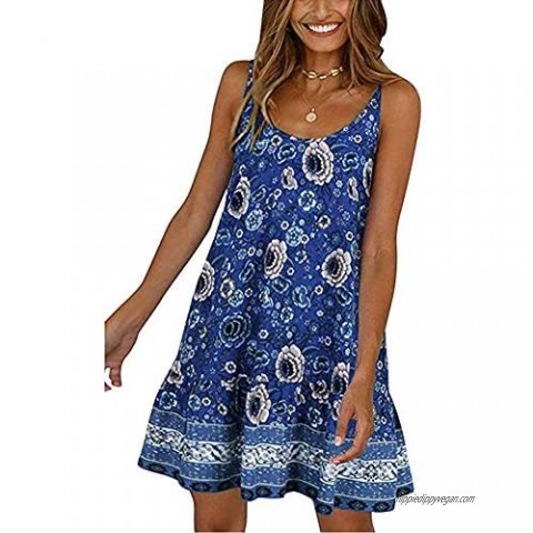 Womens Boho Beach Dress - Floral Spaghetti Strap Sleeveless V Neck A line Swing Casual Sundress Beachwear