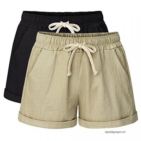 Women's Casual Drawstring Elastic Waist Comfy Cotton Beach Shorts with Pockets