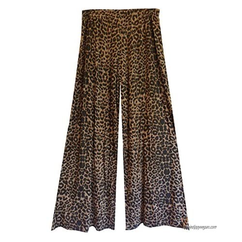 ZJ Clothes Womens Wide Leg Flattering High Waist Stretch Palazzo Brown Leopard LXL