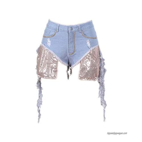 Diamond Sequin Denim Shorts Women Vintage Ripped Hole Fringe High Waist Jean Shorts Streetwear Hip Hop Jeans Shorts