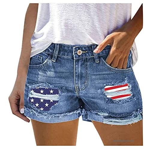 Jean Shorts for Women Frayed Distressed American Flag Print Casual Denim Shorts High Waist Ripped Hot Shorts with Pockets