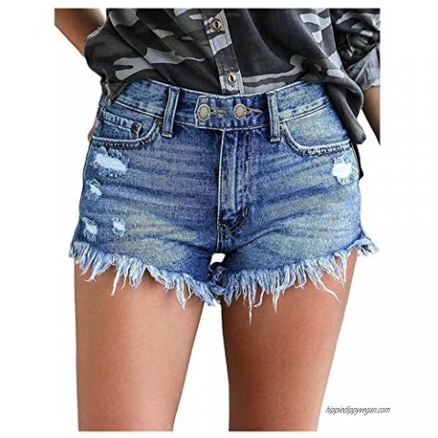Keepfit Women's Casual Denim Shorts Double Button Frayed Raw Hem Ripped Jeans  Mid Waist Jeans with Pockets Distressed Tassel