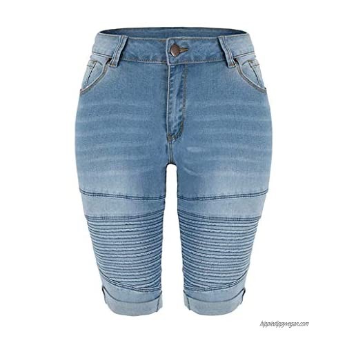 VEKDONE Women Denim Ripped Bermuda Shorts Distressed Knee Length Stretch Moto Twill Cargo Jeans Shorts