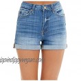 Womens Denim Shorts Summer Mid Rise Folded Hem Denim Shorts Pocketed Stretchy Frayed Hot Short Pants