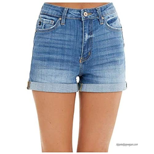 Womens Denim Shorts Summer Mid Rise Folded Hem Denim Shorts Pocketed Stretchy Frayed Hot Short Pants
