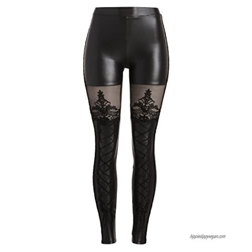 Punk Rave Women's Victorian Style Macbeth Faux Leather Look Leggings with Lace