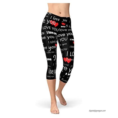 Valentines Day Capri Leggings I Love You and Hearts Print Black Mid Waisted Capris