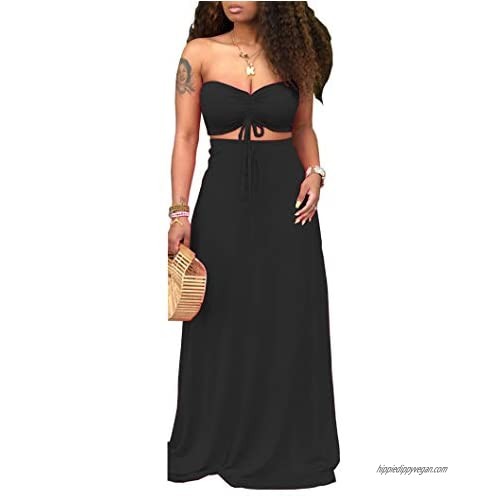 Ophestin Women Sexy Tube Ruched Tie Crop Top Long Skirt Summer Bodycon 2 Piece Outfits Maxi Dress Set