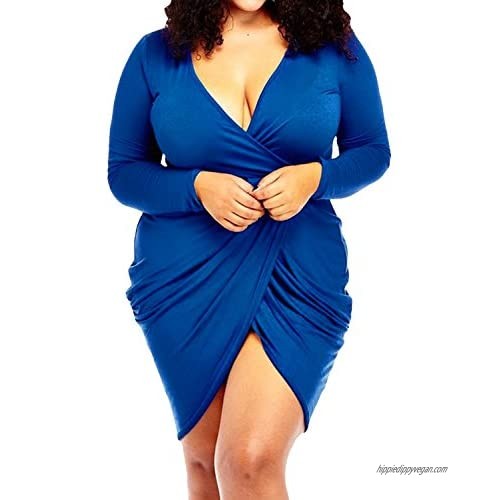 POSESHE Womens Plus Size Deep V Neck Bodycon Wrap Dress with Front Slit