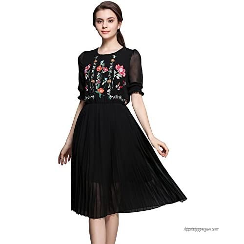 Women's Short Sleeve Mexican Embroidered Floral Pleated Midi A-line Cocktail Dress