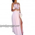 Yilis Women's Scoop Neck Lace Applique A-line Bridesmaid Dresses Long Slit Chiffon Formal Prom Gowns