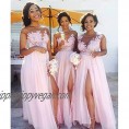Yilis Women's Scoop Neck Lace Applique A-line Bridesmaid Dresses Long Slit Chiffon Formal Prom Gowns