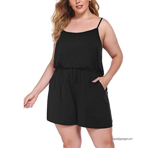 IN'VOLAND Women Rompers Plus Size Summer Casual Jumpsuit Adjustable Spaghetti Strap Drawstring with Pockets