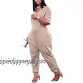 SEBOWEL Womens Plus Size Jumpsuits Short Sleeve V Neck Baggy Waist Summer Outfits Casual Loose Long Rompers with Pockets