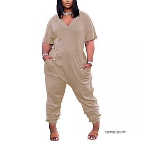 SEBOWEL Womens Plus Size Jumpsuits Short Sleeve V Neck Baggy Waist Summer Outfits Casual Loose Long Rompers with Pockets