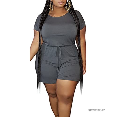 WUSENST Plus Size Rompers for Women Summer Casual Solid Short Sleeve Jumpsuit Playsuit with Pockets