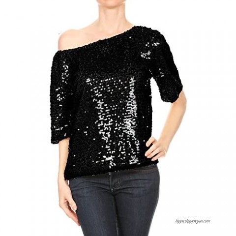 Anna-Kaci Womens Short Sleeve One Shoulder Sexy Sequin Top Blouse