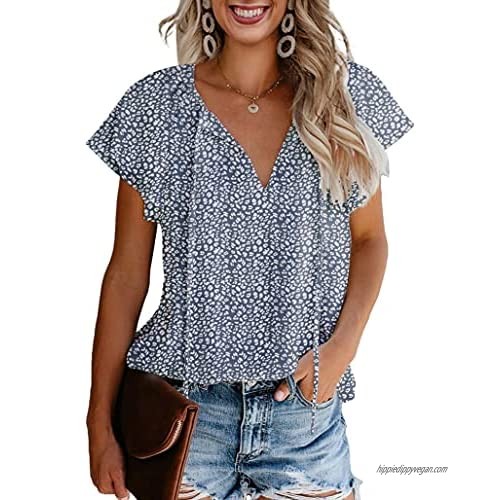 CERYIWER Women's Short Sleeve Casual Shirts Boho Floral Print V Neck Tops Loose Blouses