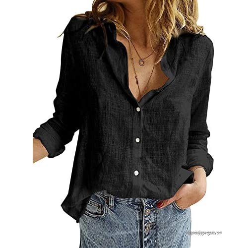 CILKOO Womens Long Sleeve V Neck Blouse Roll-up Sleeve Button Down Shirts Tops