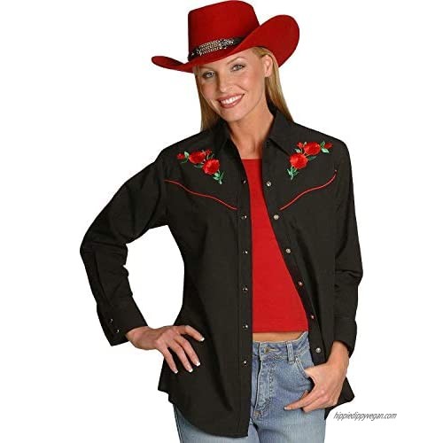ELY CATTLEMAN Women's Long Sleeve Western Shirt with Red Rose Embroidery