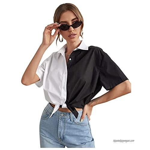 Floerns Women's Short Sleeve Contrast Banana Print Button Front Blouse Shirt