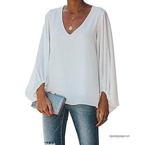 Imysty Womens Oversized Lantern Sleeve Chiffon Blouse Tops Casual Loose V Neck Shirts Pullover