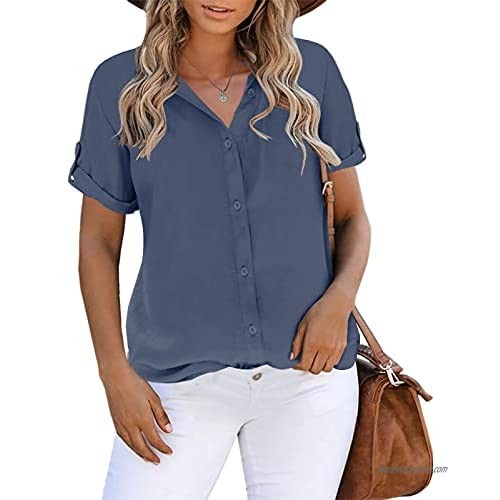 Inorin Womens Button Down Shirts Short Sleeve Collared Work Business Office Casual V Neck Tops Blouses