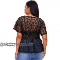 SheIn Women's Plus Size Rose Embroidered Sheer Mesh Peplum Top Blouse