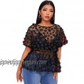 SheIn Women's Plus Size Rose Embroidered Sheer Mesh Peplum Top Blouse