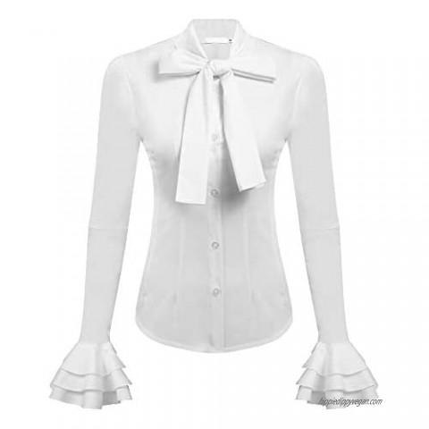 Zeagoo Women Bow Tie Neck Blouses Work Tops Long Sleeve Casual Button Shirts