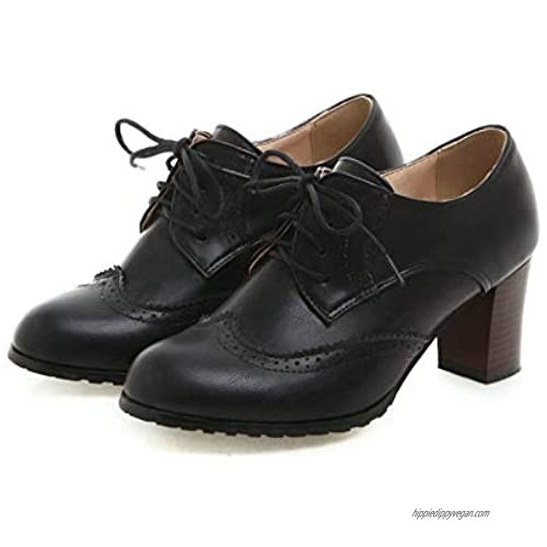 Women's PU Leather Oxfords Brogues Wingtip Lace up Chunky Stacked Mid Heel Pumps Round Toe Dress Shoes