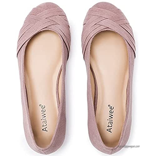 Ataiwee Women's Wide Width Flat Shoes - Classic Round Toe Cute Suede Slip-on Ballet Flats.