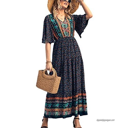 KIRUNDO 2021 Women’s Summer Short Sleeves Maxi Bohemia Dress Sexy V Neck Floral High Waist Flowy Pleated Beach Dress