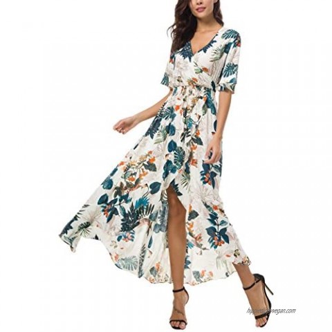 Kormei Womens Short Sleeve Floral High Low V-Neck Flowy Party Long Maxi Dress