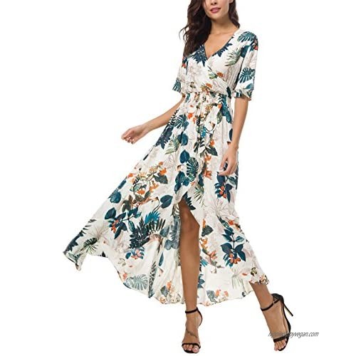Kormei Womens Short Sleeve Floral High Low V-Neck Flowy Party Long Maxi Dress