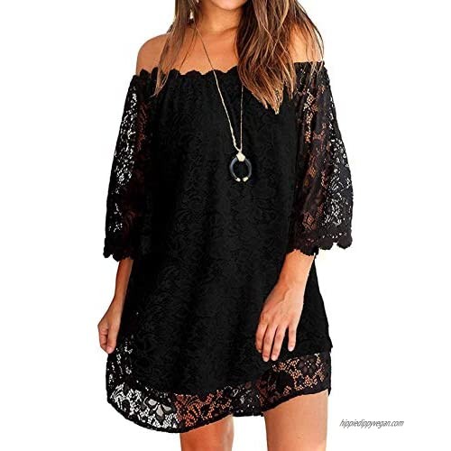 OURS Women's Casual Off Shoulder Lace Shift Loose Mini Dress with 3/4 Sleeve