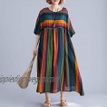Romacci Women Cotton Linen Dress Color Block Half Sleeve Pocekt Loose Midi Dress