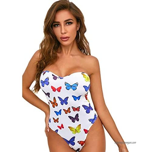 Floerns Women's Casual Butterfly Print Strapless Tube Bodysuit