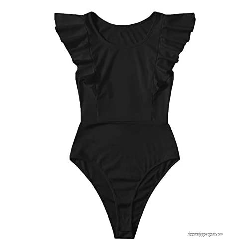 Floerns Women's Solid Ruffled Sleeve Tight Leotard Bodysuit