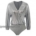 Kate Kasin Women Metallic Shiny Blouse Wrap V Neck Bodysuit Top