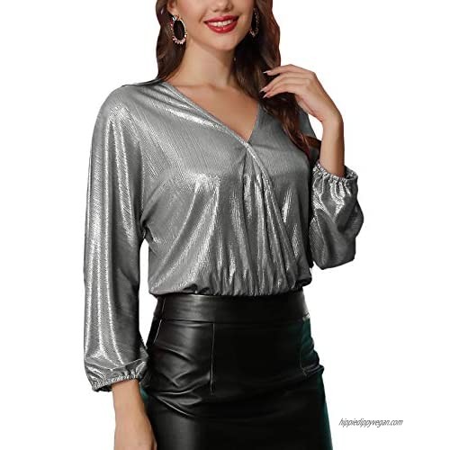 Kate Kasin Women Metallic Shiny Blouse Wrap V Neck Bodysuit Top