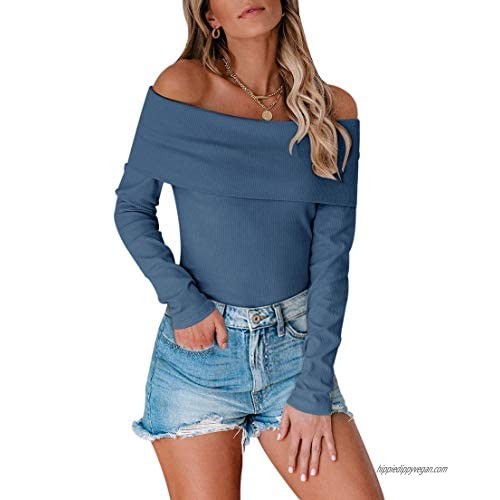 REORIA Sexy Off Shoulder Long Sleeve Ribbed Knit Bodycon Jumpsuit Stretchy Leotard Bodysuit Sweaters Tops